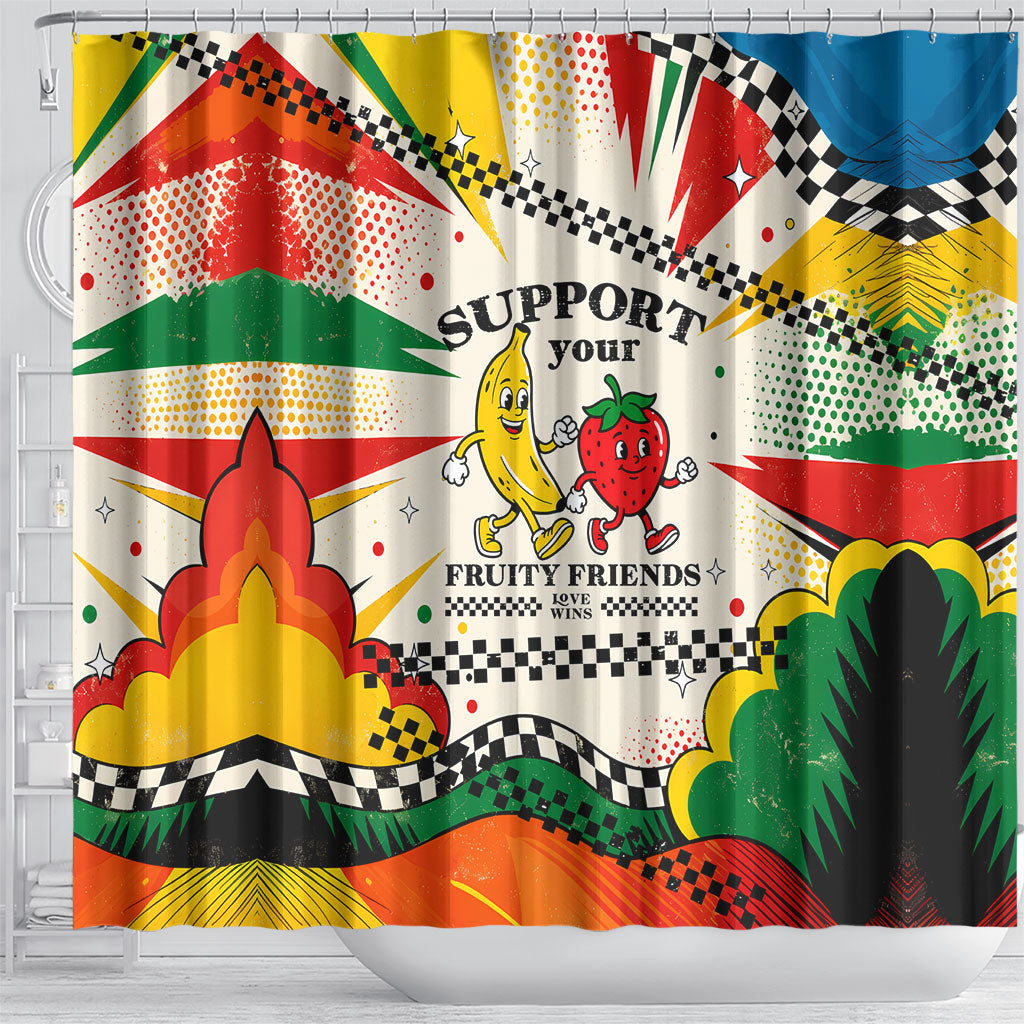 Support Your Fruity Friends Love Wins Gay Pride Shower Curtain LGBTQ Retro 30s Cartoon Checkered
