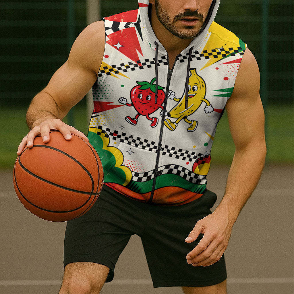 Support Your Fruity Friends Love Wins Gay Pride Sleeveless Zip Hoodie LGBTQ Retro 30s Cartoon Checkered