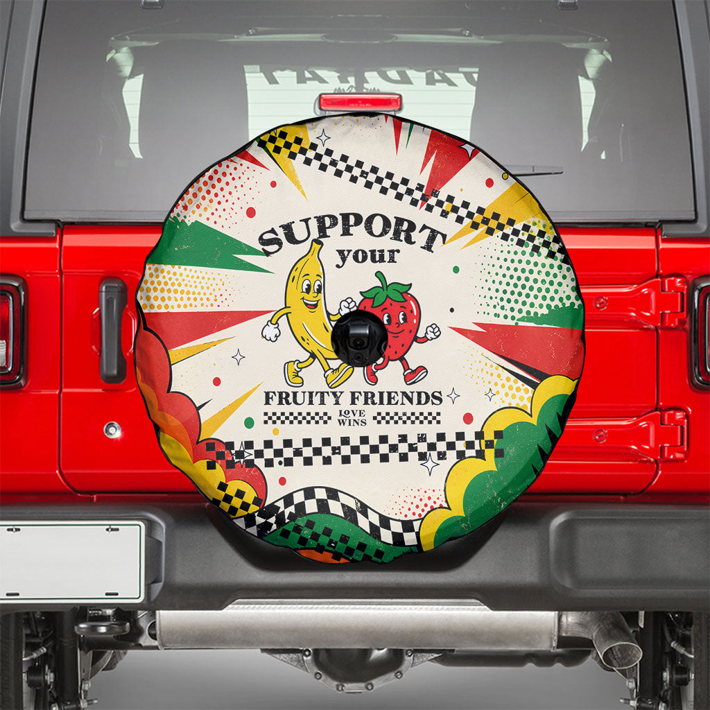 Support Your Fruity Friends Love Wins Gay Pride Spare Tire Cover LGBTQ Retro 30s Cartoon Checkered