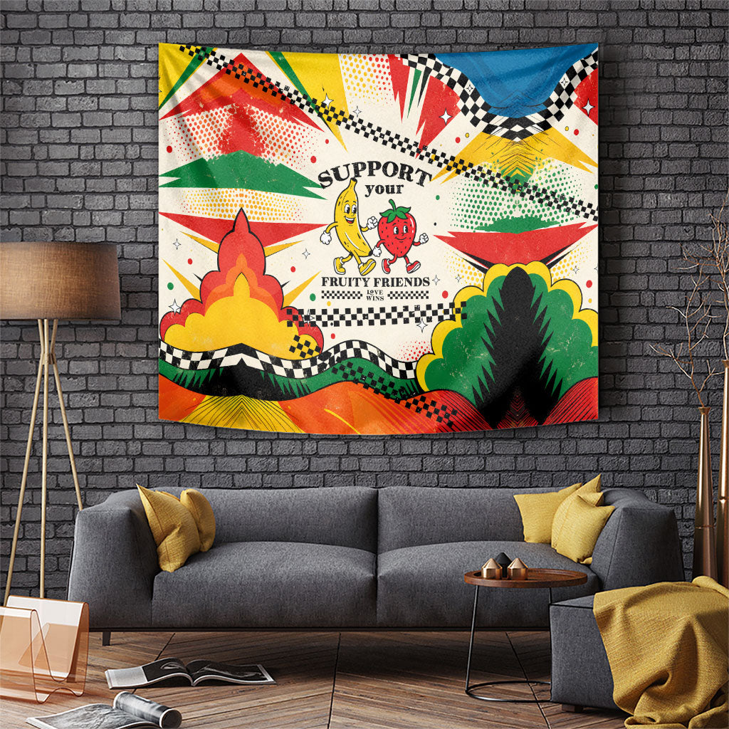 Support Your Fruity Friends Love Wins Gay Pride Tapestry LGBTQ Retro 30s Cartoon Checkered