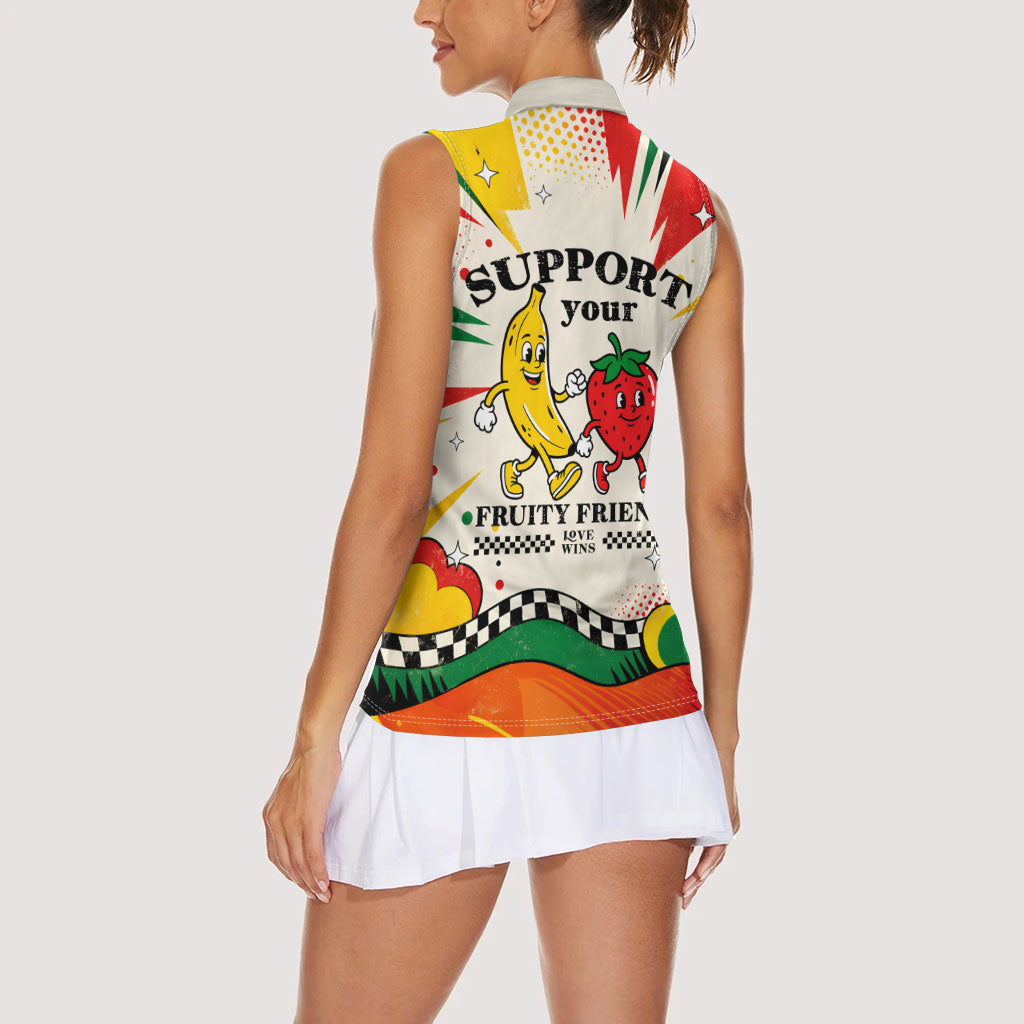 Support Your Fruity Friends Love Wins Gay Pride Women Sleeveless Polo Shirt LGBTQ Retro 30s Cartoon Checkered