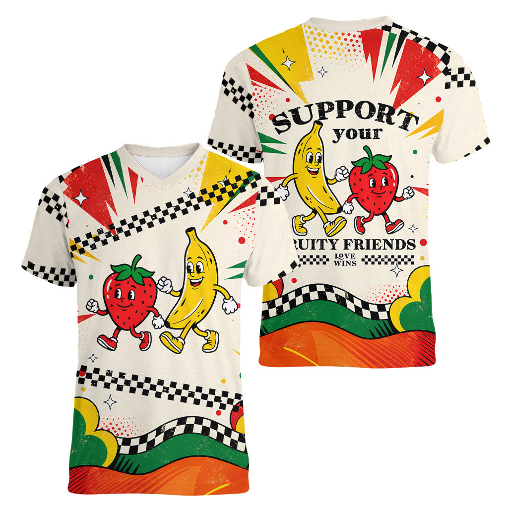Support Your Fruity Friends Love Wins Gay Pride Women V-Neck T-Shirt LGBTQ Retro 30s Cartoon Checkered