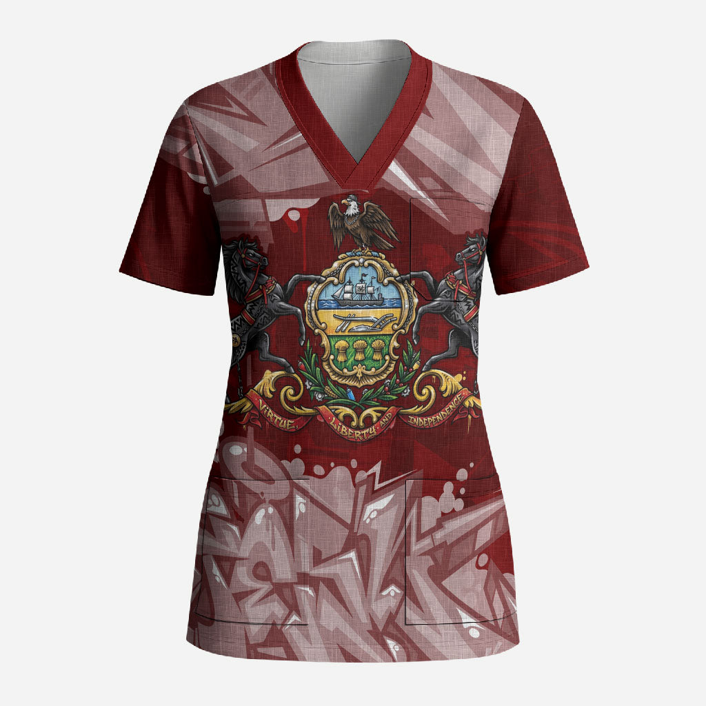 Personalized Pennsylvania Coat Of Arms Scrub Top Street Art Graffiti Graphic