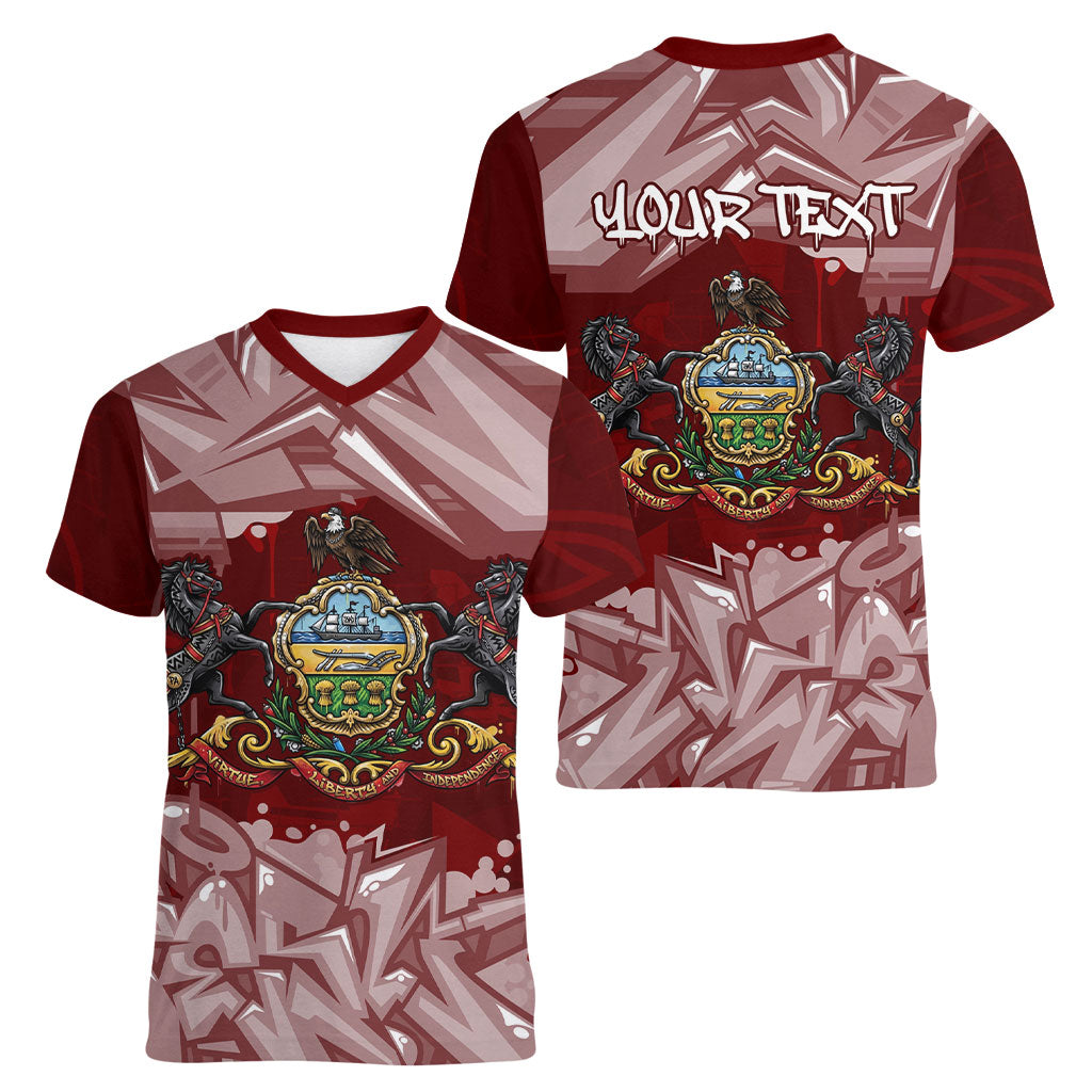 Personalized Pennsylvania Coat Of Arms Women V-Neck T-Shirt Street Art Graffiti Graphic