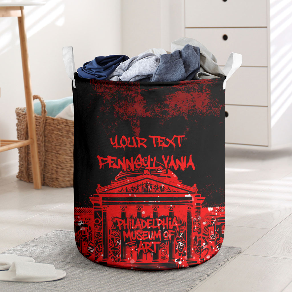 Personalized Pennsylvania Philadelphia Museum Of Art Laundry Basket Red Grunge Paint Splatter Graphic