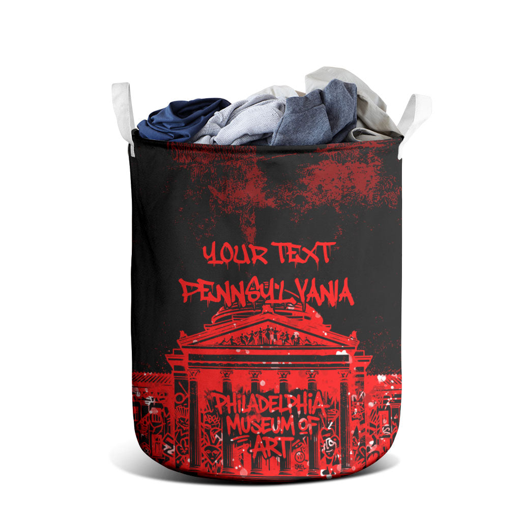 Personalized Pennsylvania Philadelphia Museum Of Art Laundry Basket Red Grunge Paint Splatter Graphic
