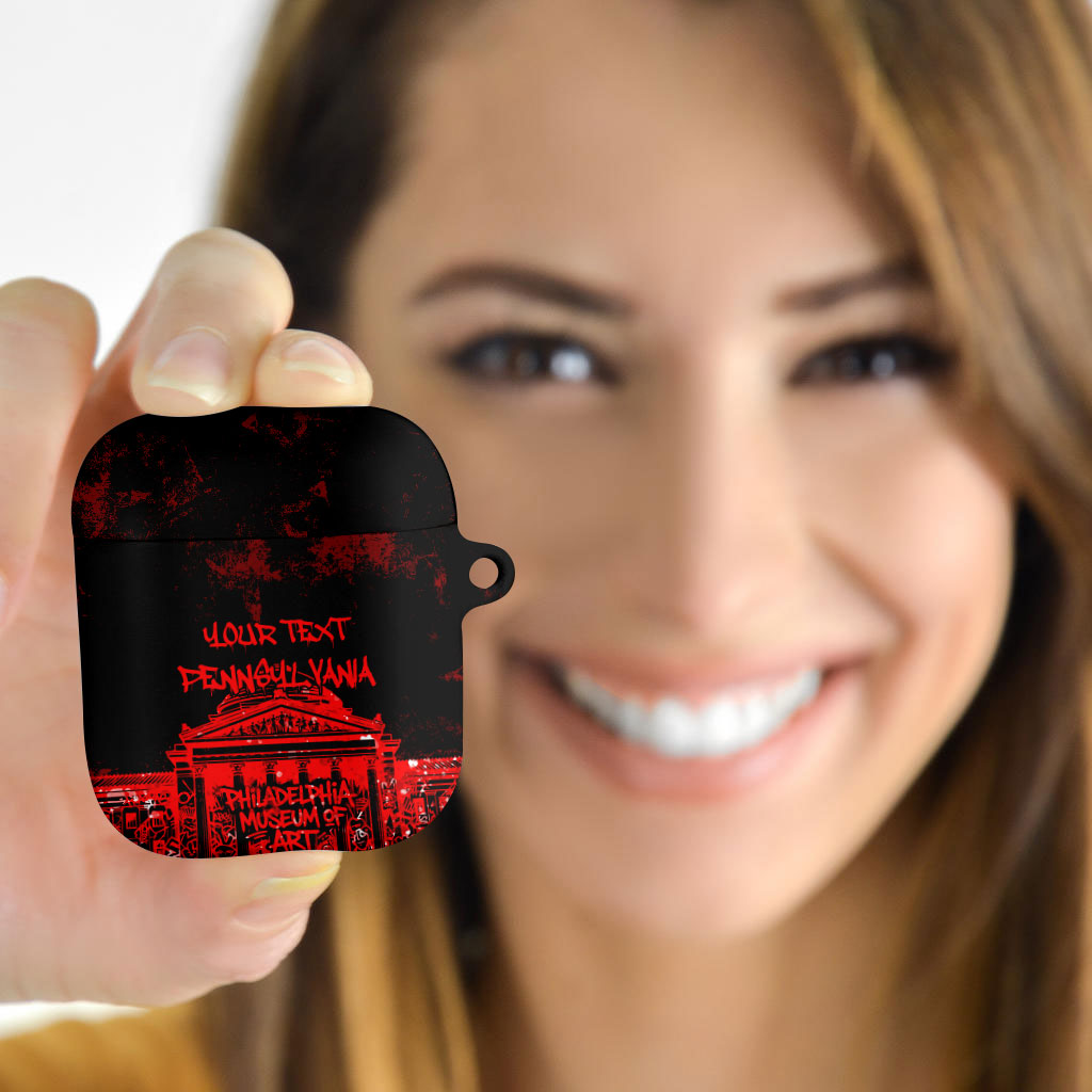 Personalized Pennsylvania Philadelphia Museum Of Art AirPods Case Red Grunge Paint Splatter Graphic