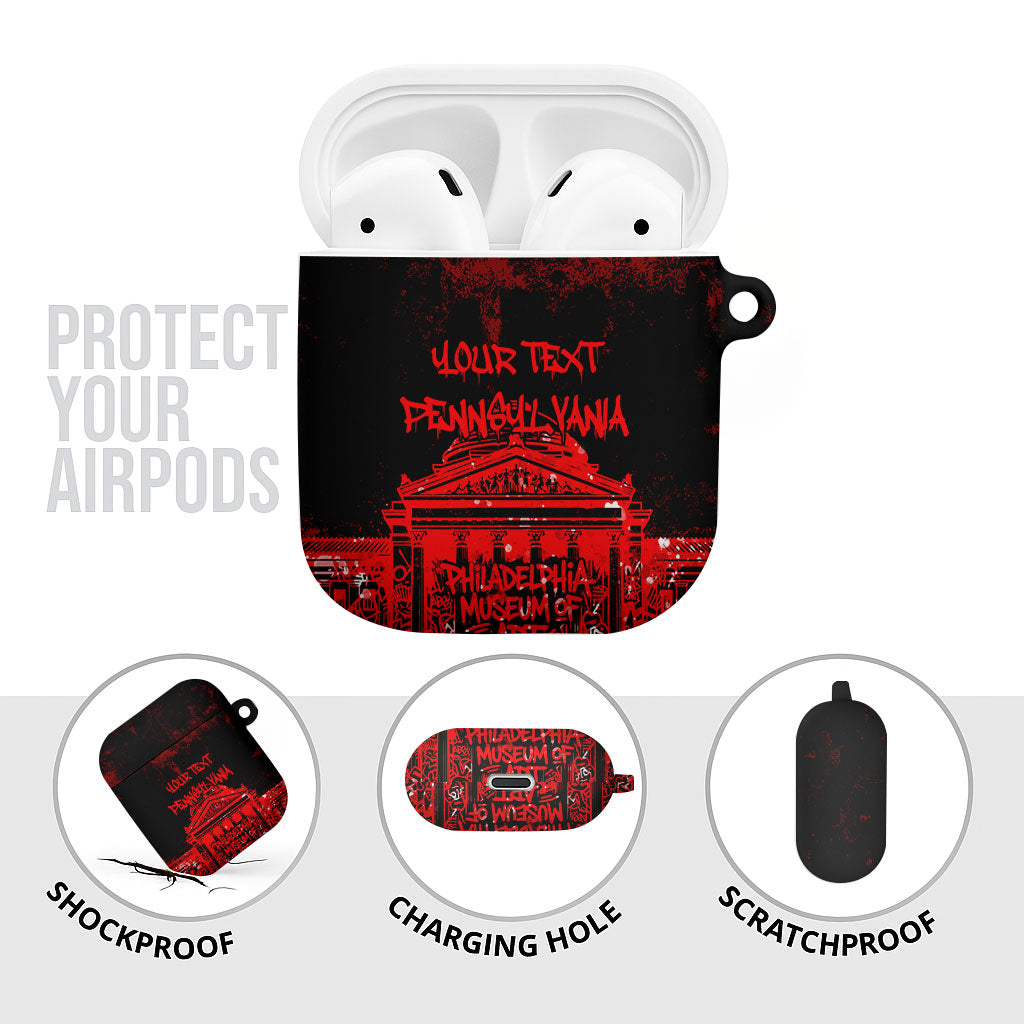 Personalized Pennsylvania Philadelphia Museum Of Art AirPods Case Red Grunge Paint Splatter Graphic
