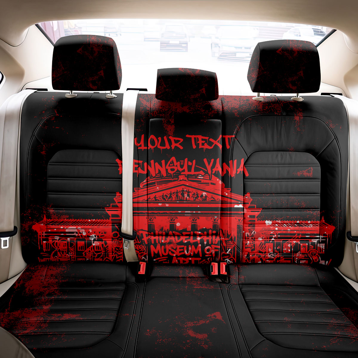 Personalized Pennsylvania Philadelphia Museum Of Art Back Car Seat Cover Red Grunge Paint Splatter Graphic