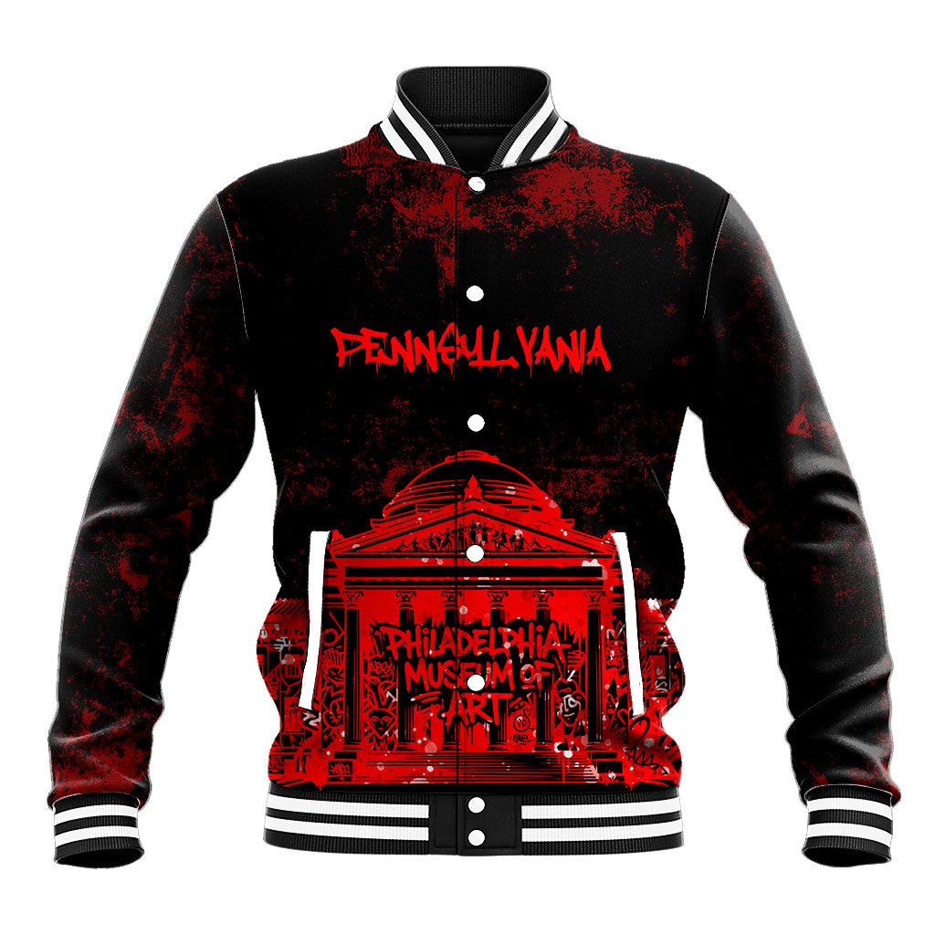 Personalized Pennsylvania Philadelphia Museum Of Art Baseball Jacket Red Grunge Paint Splatter Graphic