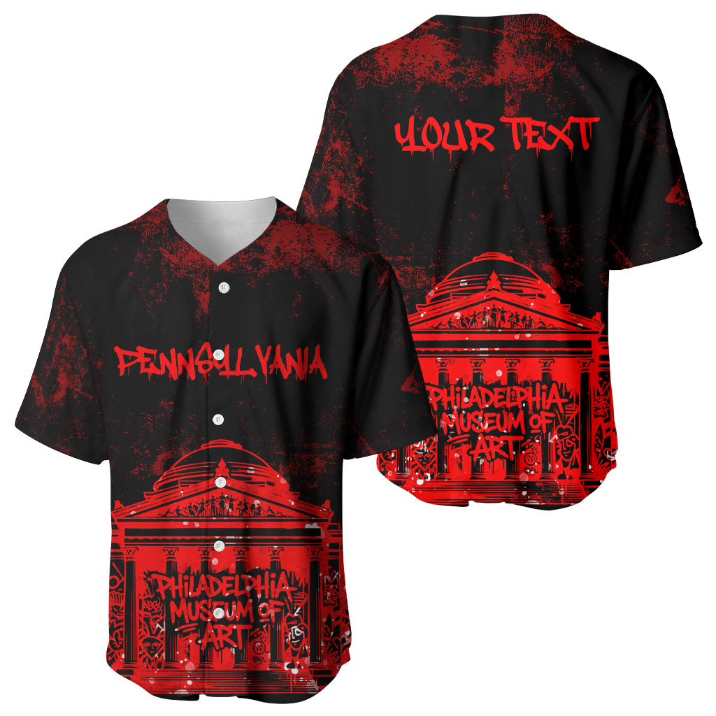 Personalized Pennsylvania Philadelphia Museum Of Art Baseball Jersey Red Grunge Paint Splatter Graphic