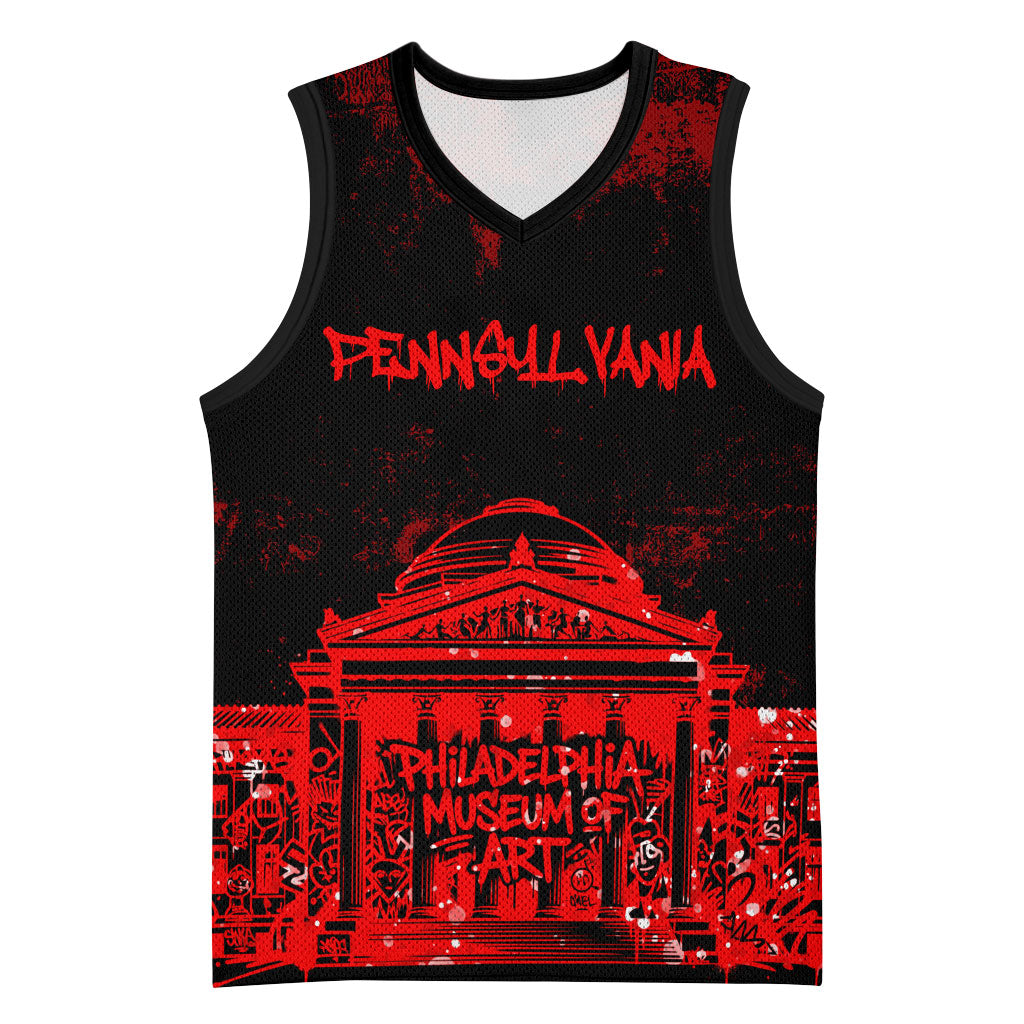 Personalized Pennsylvania Philadelphia Museum Of Art Basketball Jersey Red Grunge Paint Splatter Graphic