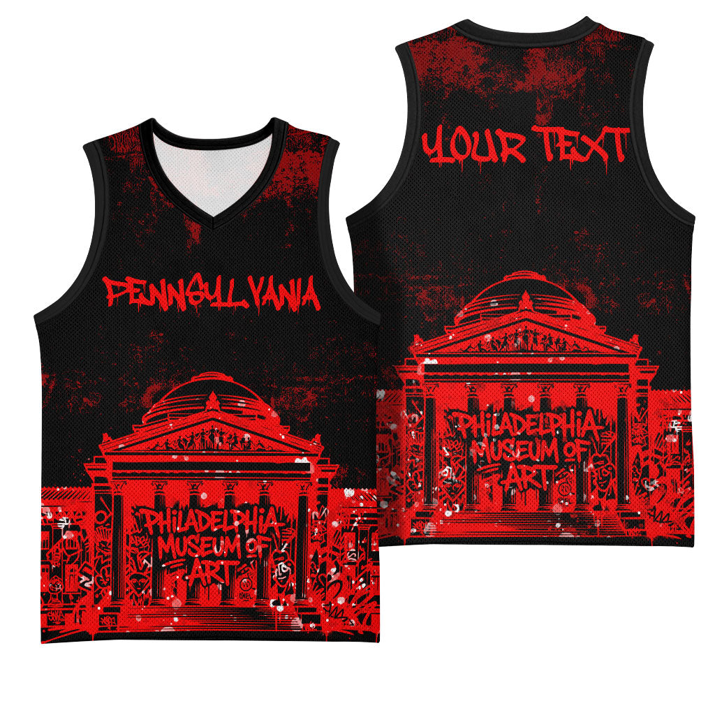Personalized Pennsylvania Philadelphia Museum Of Art Basketball Jersey Red Grunge Paint Splatter Graphic