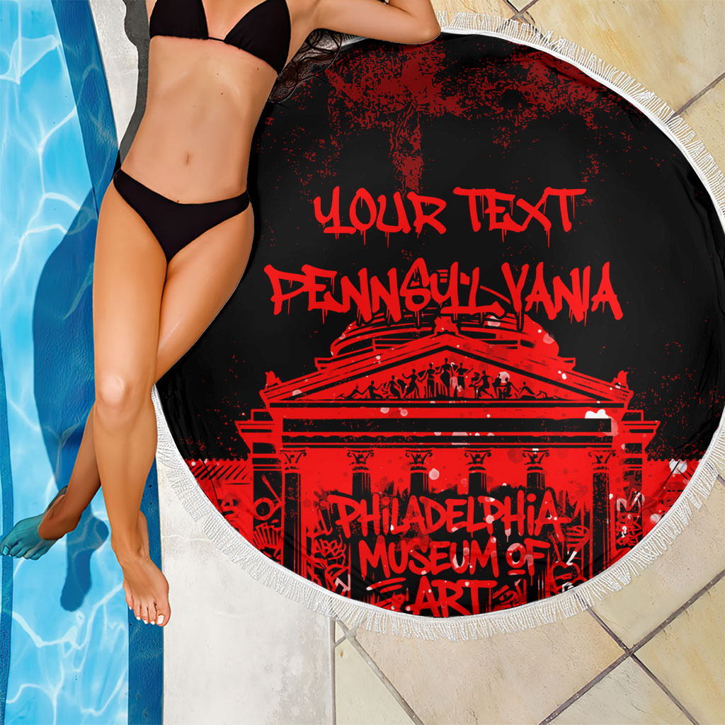 Personalized Pennsylvania Philadelphia Museum Of Art Beach Blanket Red Grunge Paint Splatter Graphic