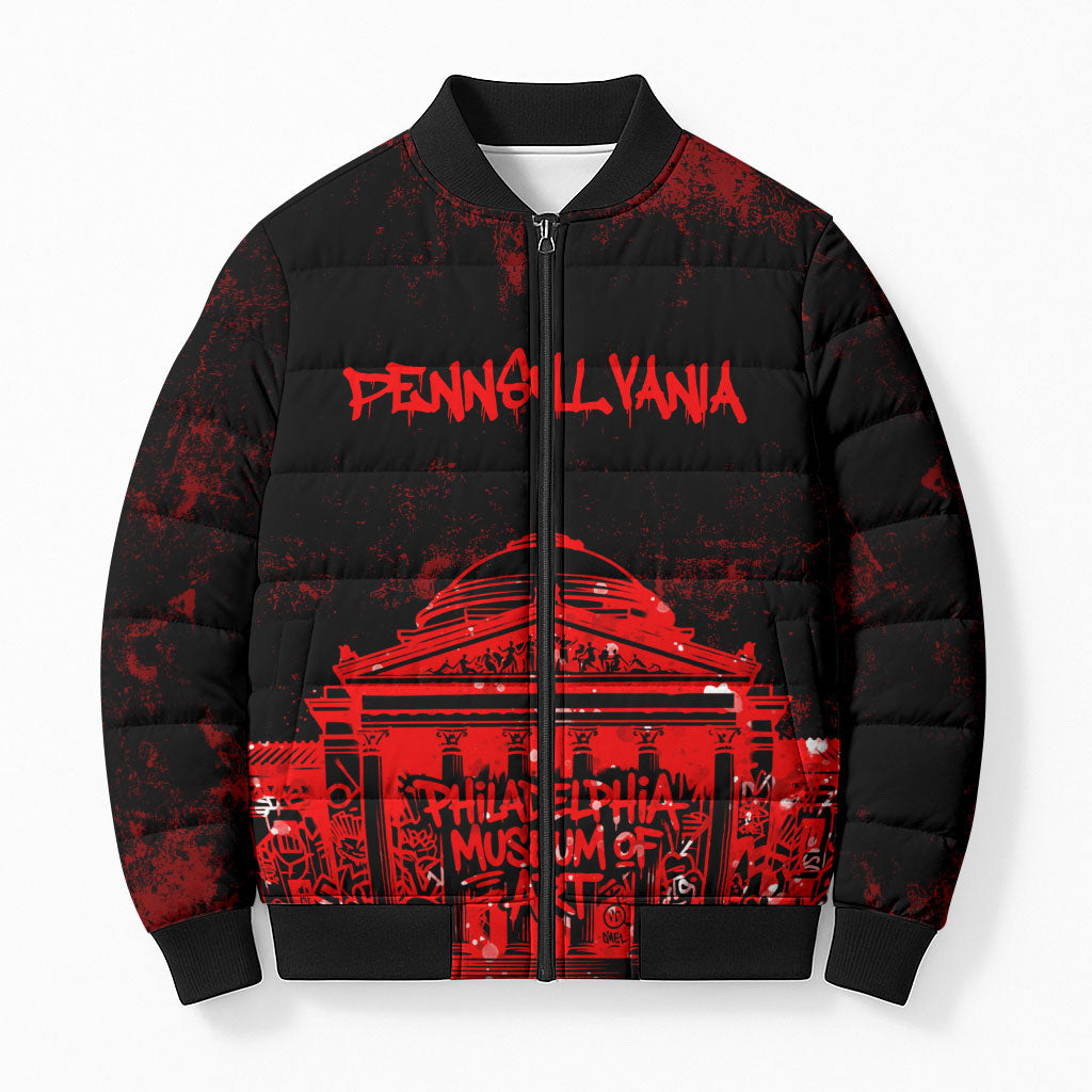 Personalized Pennsylvania Philadelphia Museum Of Art Bomber Puffer Jacket Red Grunge Paint Splatter Graphic