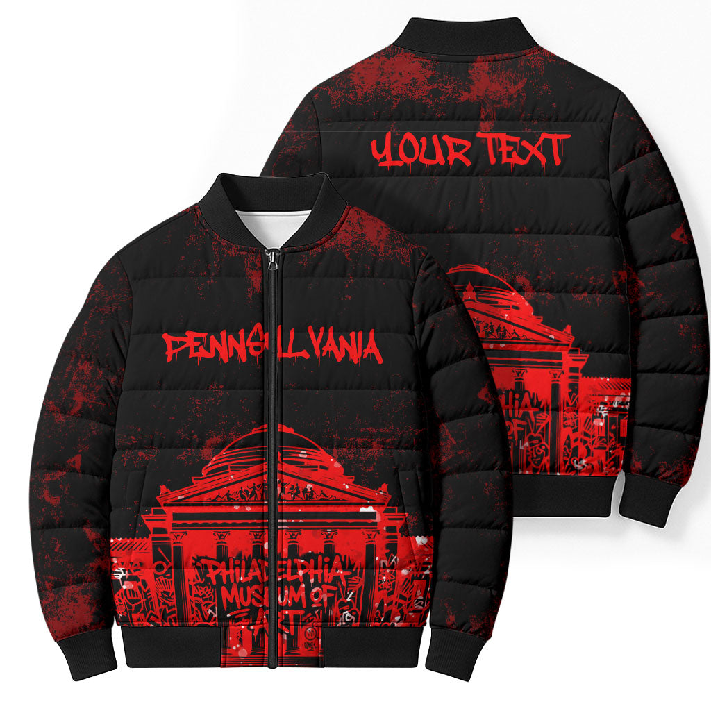 Personalized Pennsylvania Philadelphia Museum Of Art Bomber Puffer Jacket Red Grunge Paint Splatter Graphic