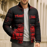 Personalized Pennsylvania Philadelphia Museum Of Art Bomber Puffer Jacket Red Grunge Paint Splatter Graphic