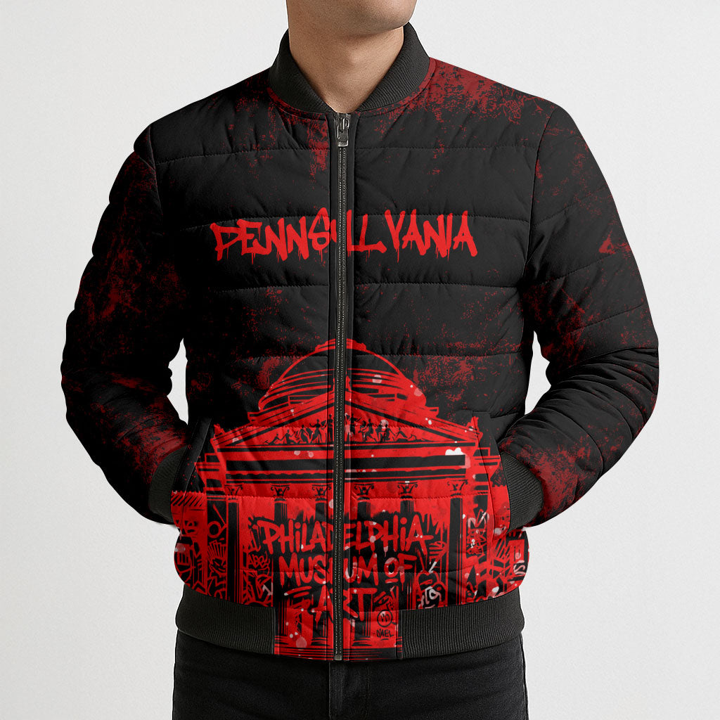 Personalized Pennsylvania Philadelphia Museum Of Art Bomber Puffer Jacket Red Grunge Paint Splatter Graphic