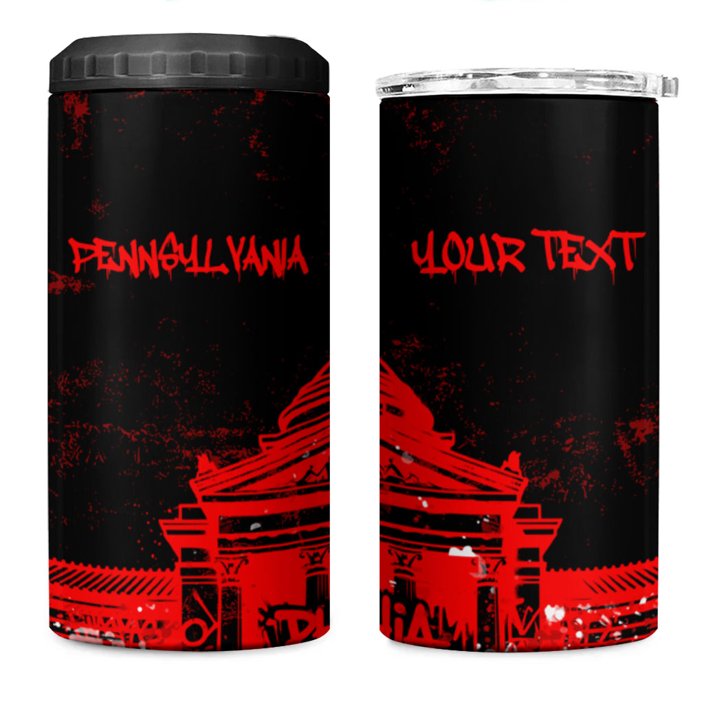 Personalized Pennsylvania Philadelphia Museum Of Art 4 in 1 Can Cooler Tumbler Red Grunge Paint Splatter Graphic