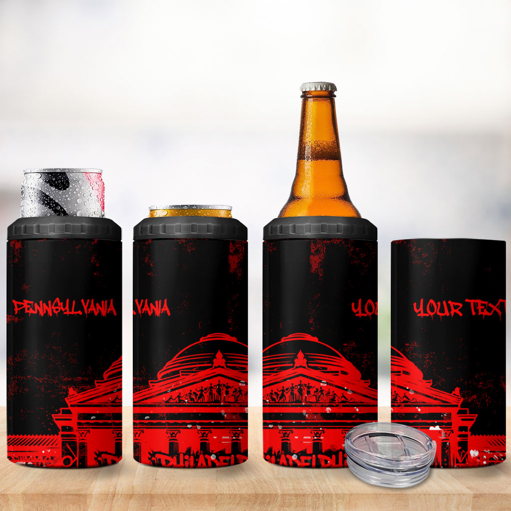 Personalized Pennsylvania Philadelphia Museum Of Art 4 in 1 Can Cooler Tumbler Red Grunge Paint Splatter Graphic