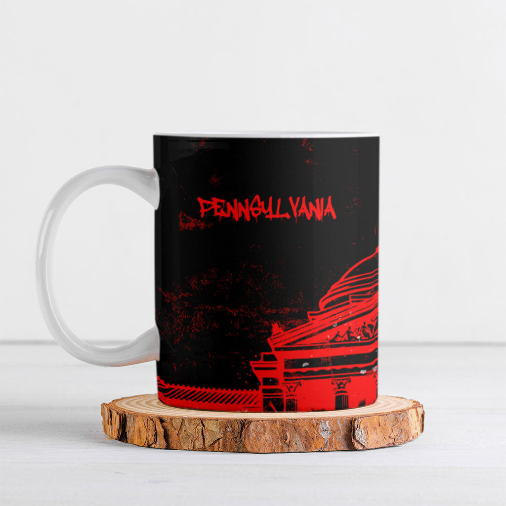 Personalized Pennsylvania Philadelphia Museum Of Art Ceramic Mug Red Grunge Paint Splatter Graphic