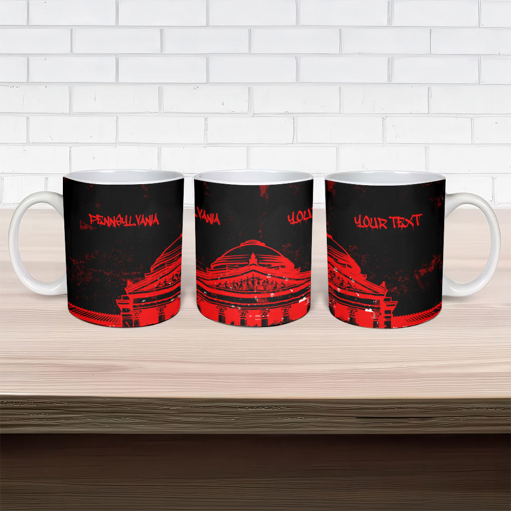 Personalized Pennsylvania Philadelphia Museum Of Art Ceramic Mug Red Grunge Paint Splatter Graphic