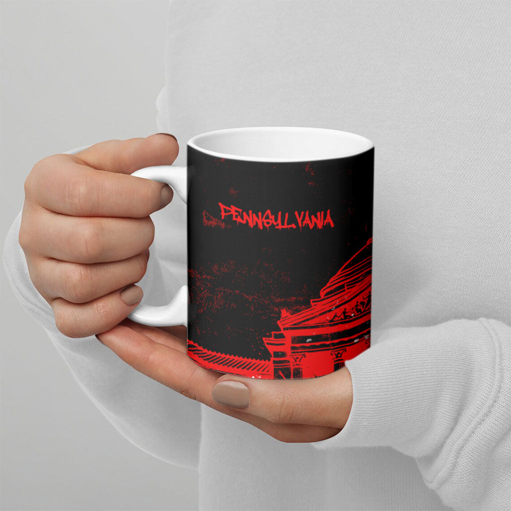 Personalized Pennsylvania Philadelphia Museum Of Art Ceramic Mug Red Grunge Paint Splatter Graphic