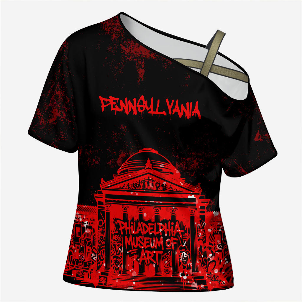 Personalized Pennsylvania Philadelphia Museum Of Art Cross Shoulder Shirt Red Grunge Paint Splatter Graphic
