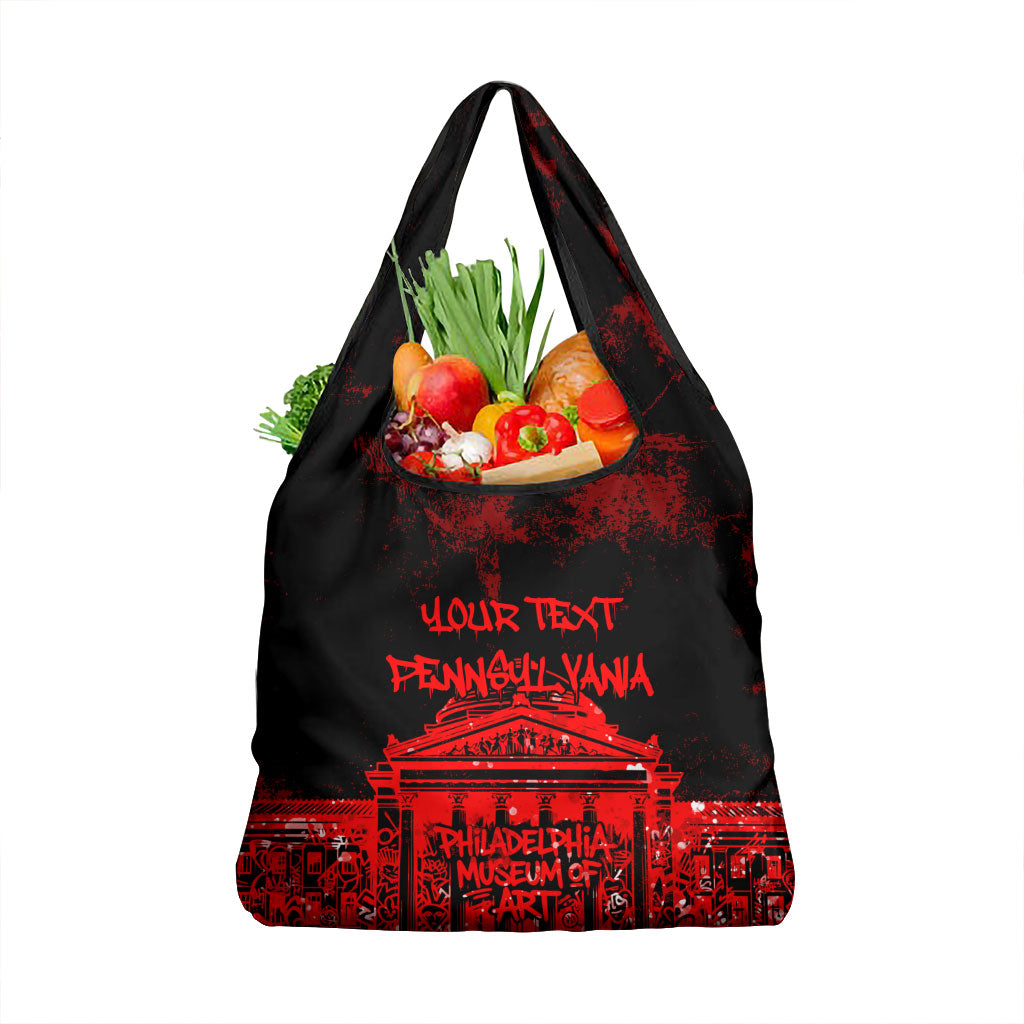 Personalized Pennsylvania Philadelphia Museum Of Art Grocery Bag Red Grunge Paint Splatter Graphic