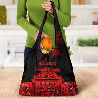 Personalized Pennsylvania Philadelphia Museum Of Art Grocery Bag Red Grunge Paint Splatter Graphic