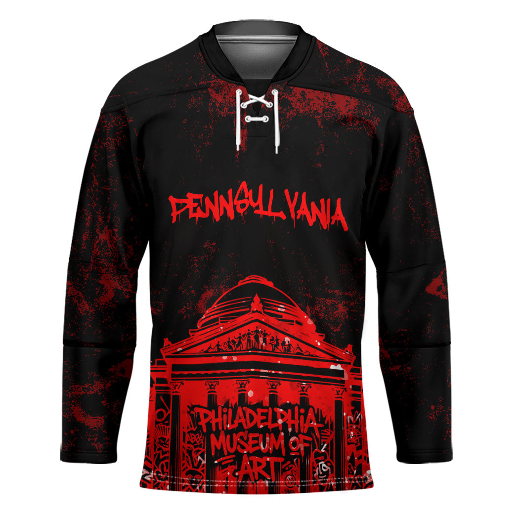 Personalized Pennsylvania Philadelphia Museum Of Art Hockey Jersey Red Grunge Paint Splatter Graphic