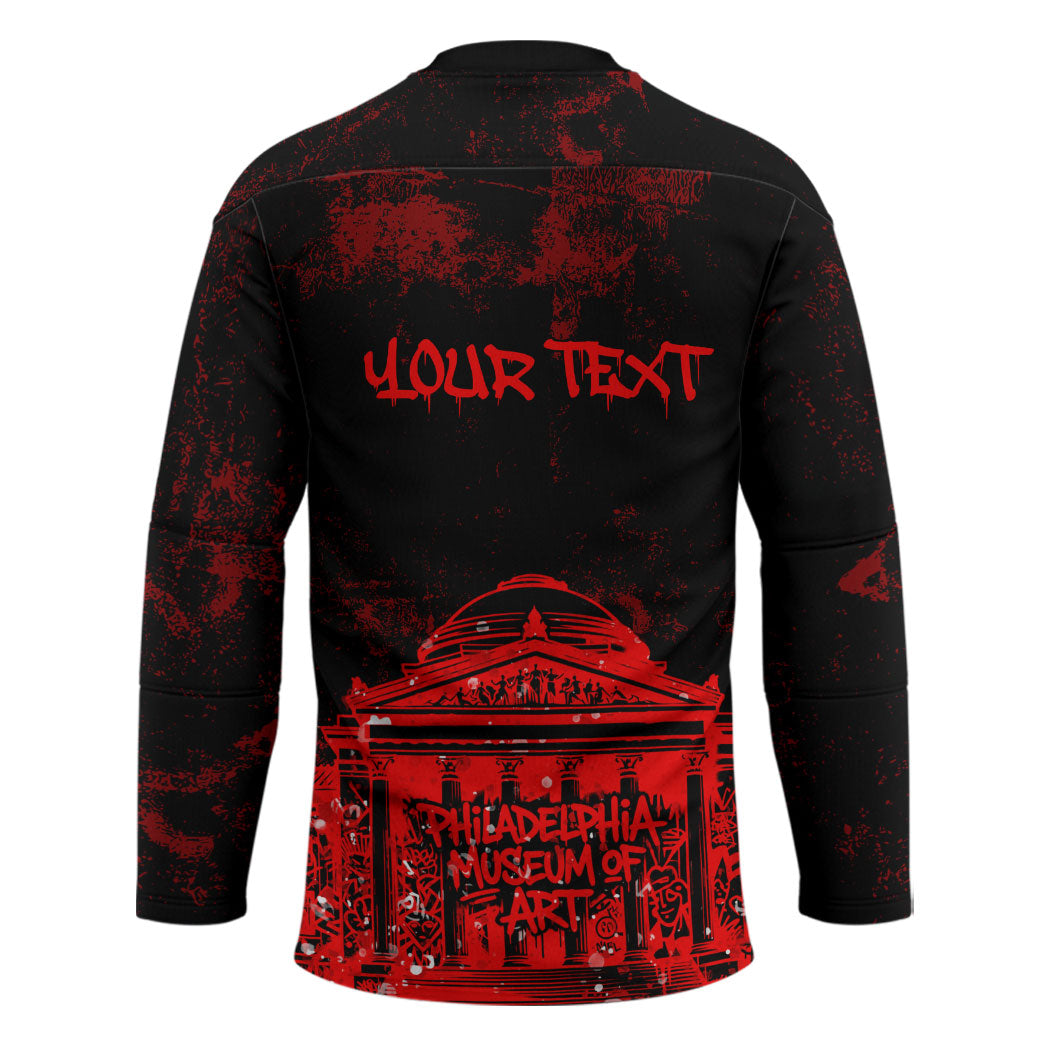 Personalized Pennsylvania Philadelphia Museum Of Art Hockey Jersey Red Grunge Paint Splatter Graphic