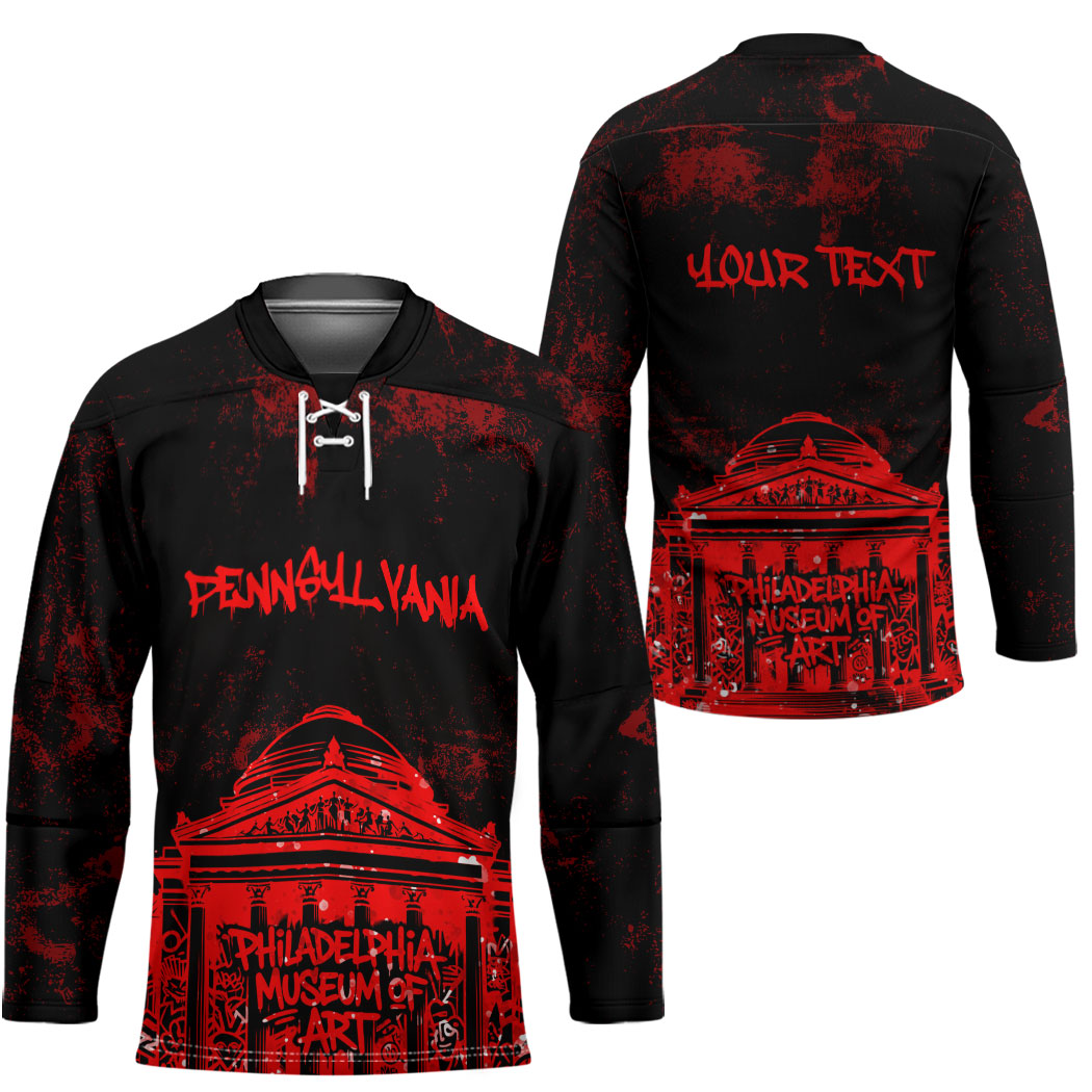 Personalized Pennsylvania Philadelphia Museum Of Art Hockey Jersey Red Grunge Paint Splatter Graphic