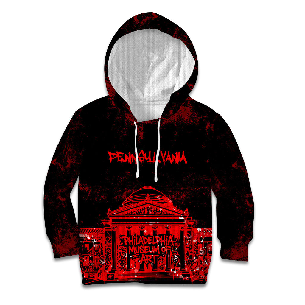 Personalized Pennsylvania Philadelphia Museum Of Art Kid Hoodie Red Grunge Paint Splatter Graphic