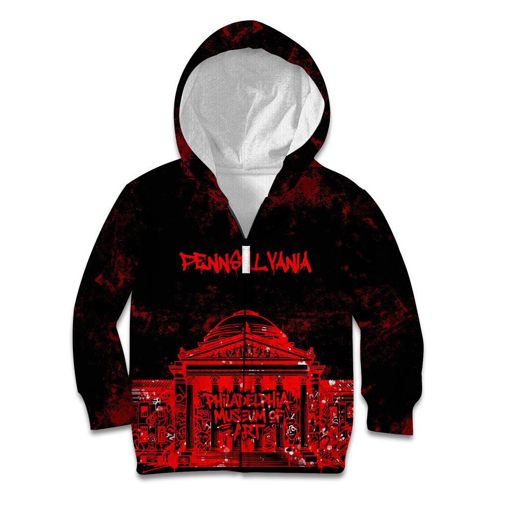Personalized Pennsylvania Philadelphia Museum Of Art Kid Hoodie Red Grunge Paint Splatter Graphic