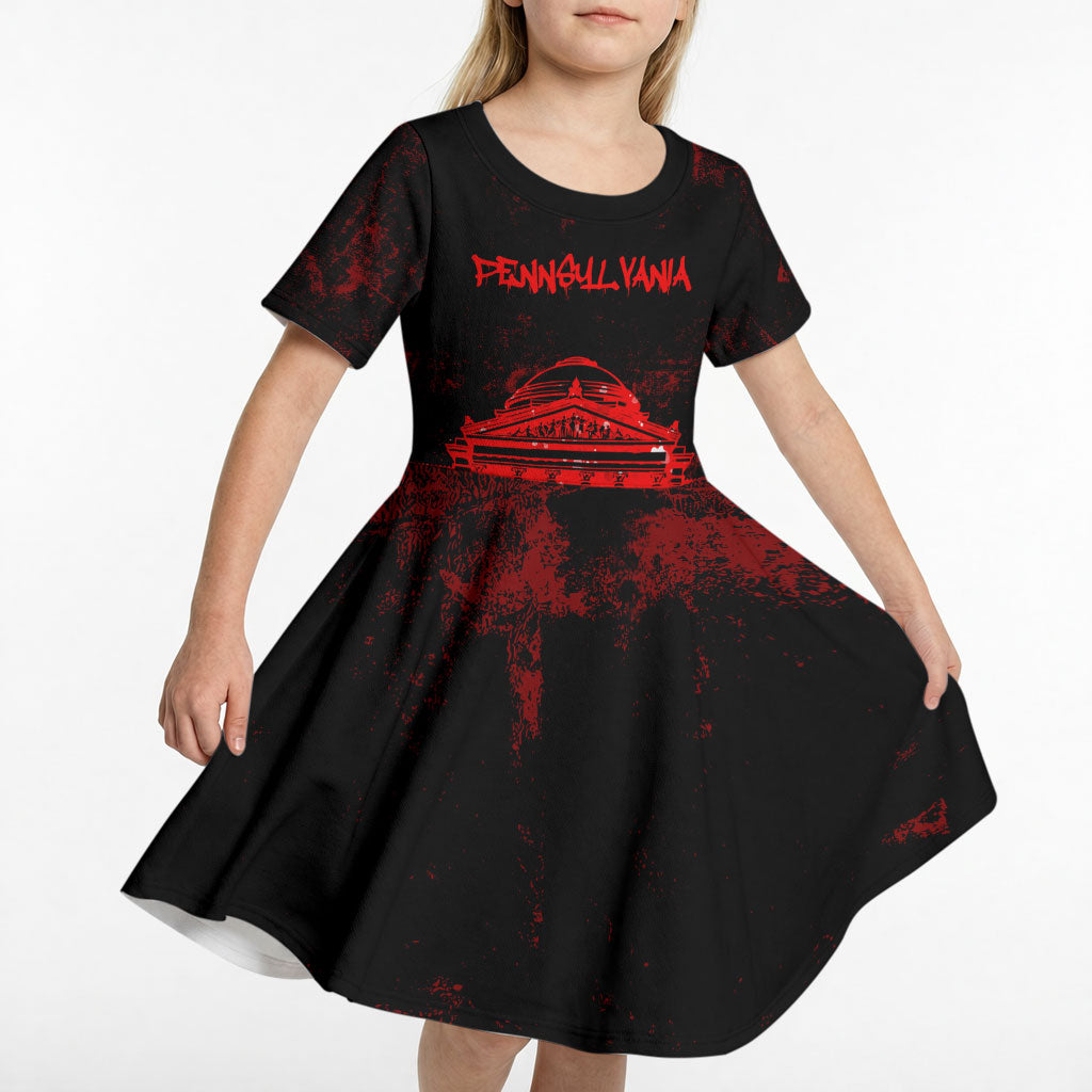 Personalized Pennsylvania Philadelphia Museum Of Art Kid Short Sleeve Dress Red Grunge Paint Splatter Graphic