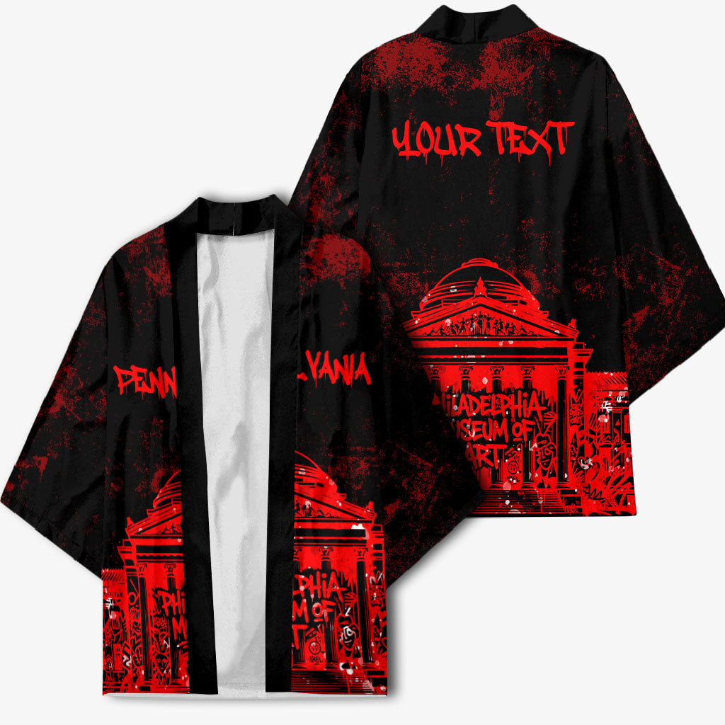 Personalized Pennsylvania Philadelphia Museum Of Art Kimono Red Grunge Paint Splatter Graphic