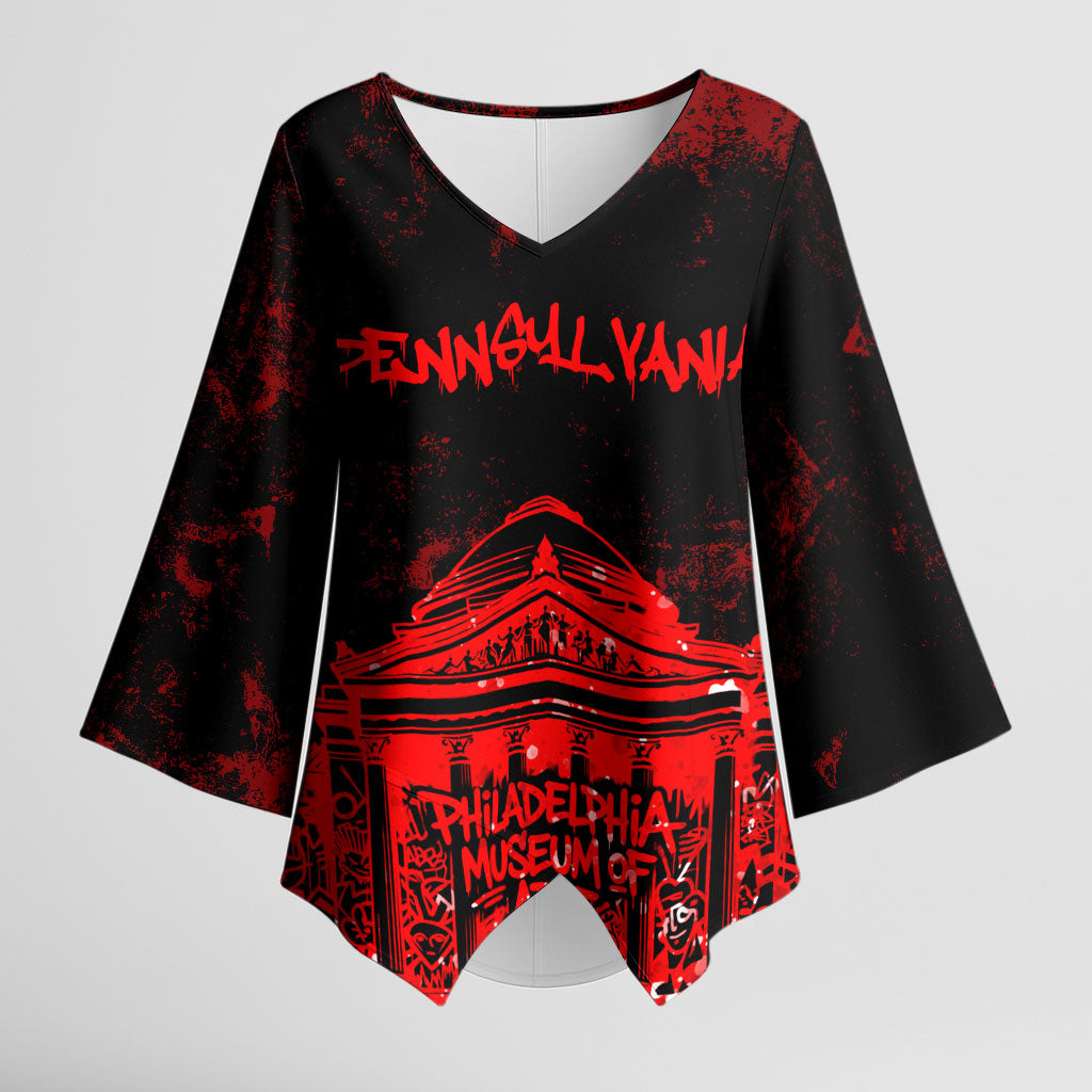 Personalized Pennsylvania Philadelphia Museum Of Art Kimono Sleeve Blouse Red Grunge Paint Splatter Graphic