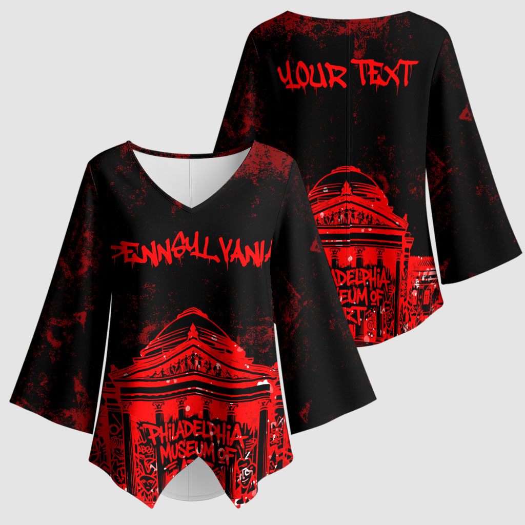 Personalized Pennsylvania Philadelphia Museum Of Art Kimono Sleeve Blouse Red Grunge Paint Splatter Graphic