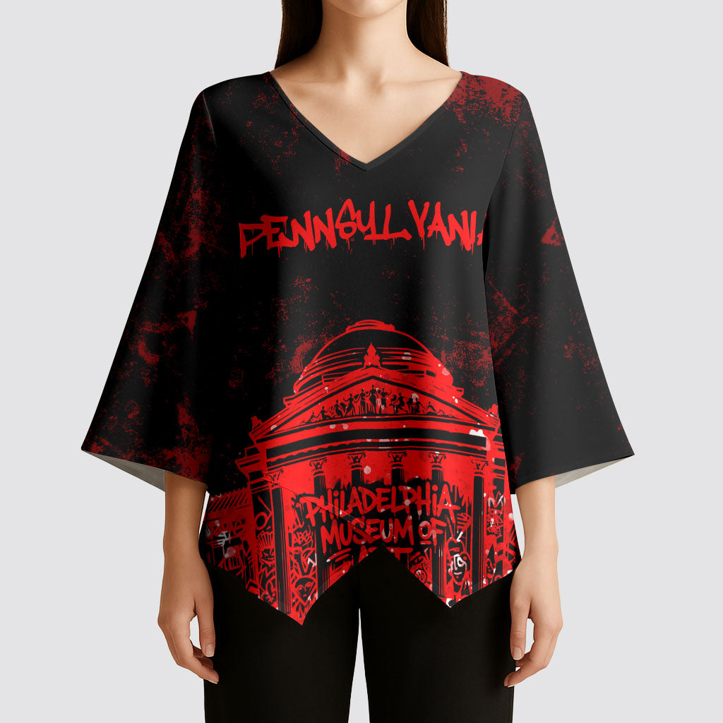 Personalized Pennsylvania Philadelphia Museum Of Art Kimono Sleeve Blouse Red Grunge Paint Splatter Graphic