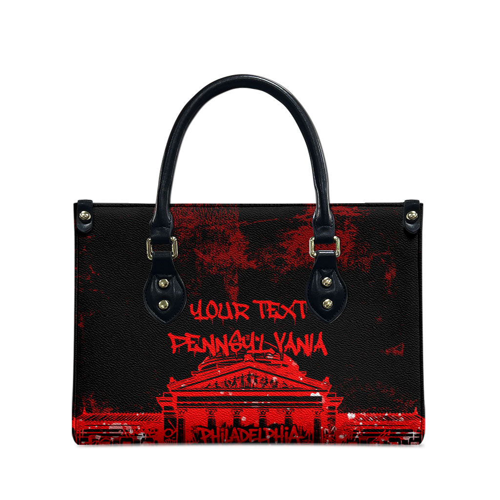 Personalized Pennsylvania Philadelphia Museum Of Art Leather Bag Red Grunge Paint Splatter Graphic