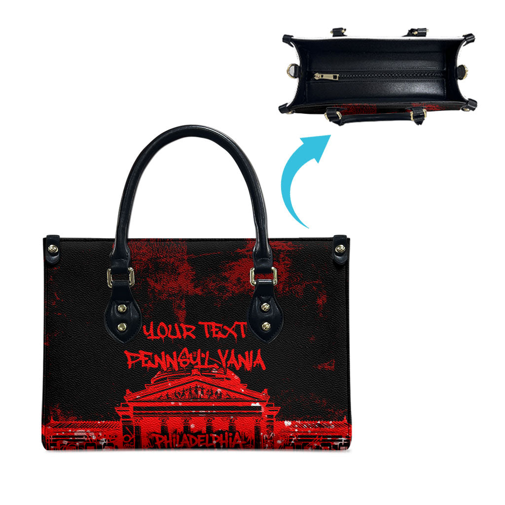 Personalized Pennsylvania Philadelphia Museum Of Art Leather Bag Red Grunge Paint Splatter Graphic