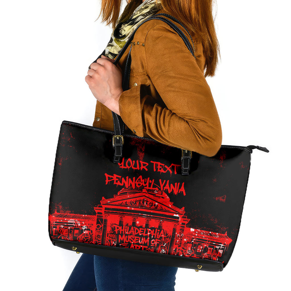 Personalized Pennsylvania Philadelphia Museum Of Art Leather Tote Bag Red Grunge Paint Splatter Graphic