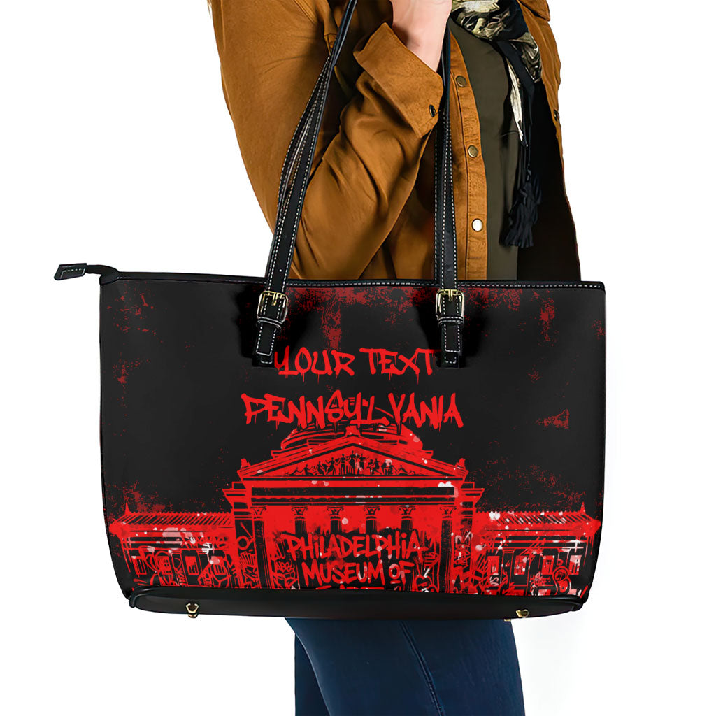 Personalized Pennsylvania Philadelphia Museum Of Art Leather Tote Bag Red Grunge Paint Splatter Graphic