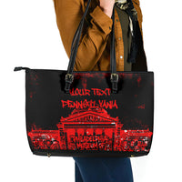 Personalized Pennsylvania Philadelphia Museum Of Art Leather Tote Bag Red Grunge Paint Splatter Graphic
