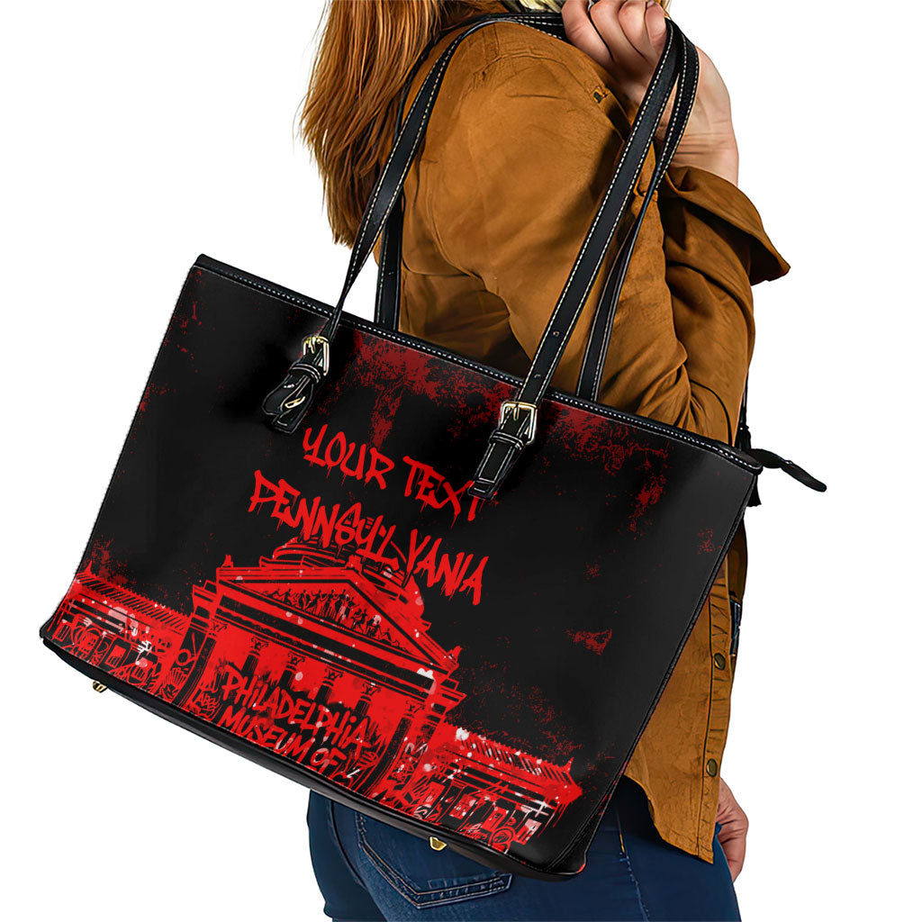 Personalized Pennsylvania Philadelphia Museum Of Art Leather Tote Bag Red Grunge Paint Splatter Graphic