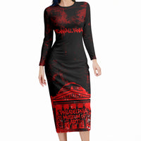 Personalized Pennsylvania Philadelphia Museum Of Art Long Sleeve Bodycon Dress Red Grunge Paint Splatter Graphic