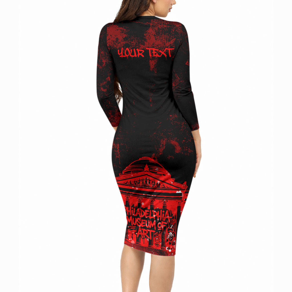 Personalized Pennsylvania Philadelphia Museum Of Art Long Sleeve Bodycon Dress Red Grunge Paint Splatter Graphic