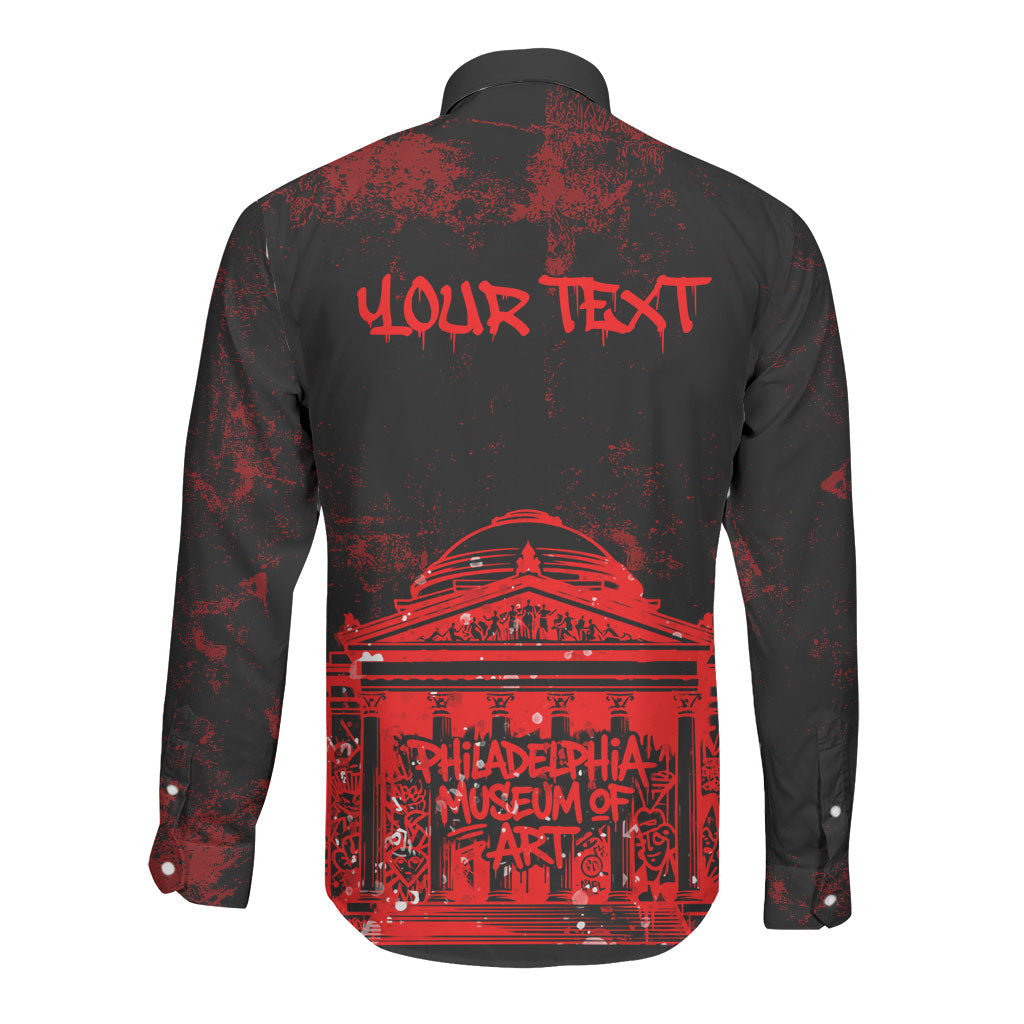 Personalized Pennsylvania Philadelphia Museum Of Art Long Sleeve Button Shirt Red Grunge Paint Splatter Graphic