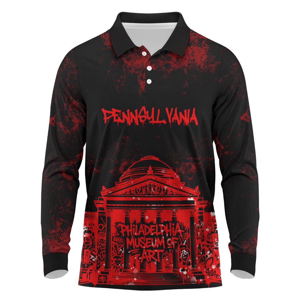 Personalized Pennsylvania Philadelphia Museum Of Art Long Sleeve Polo Shirt Red Grunge Paint Splatter Graphic